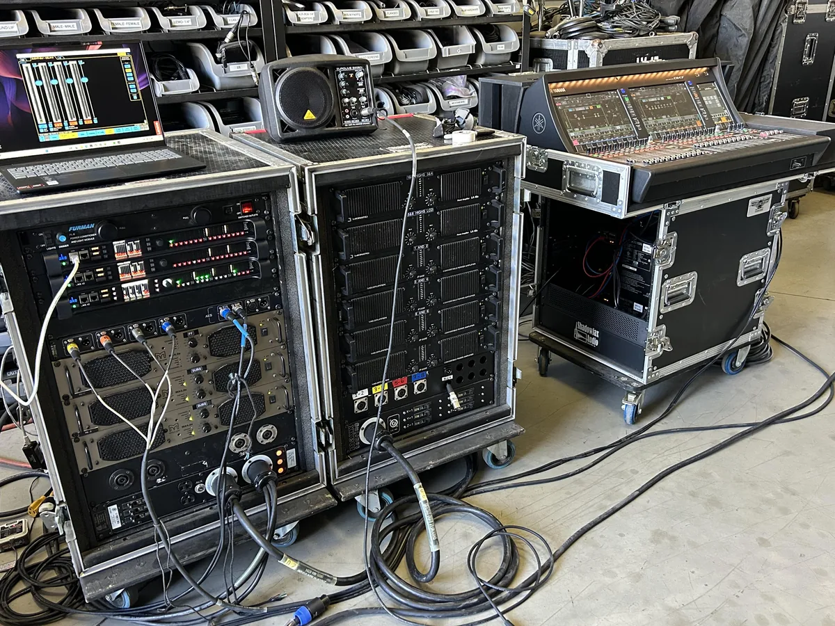 Professional audio equipment prepared for an event